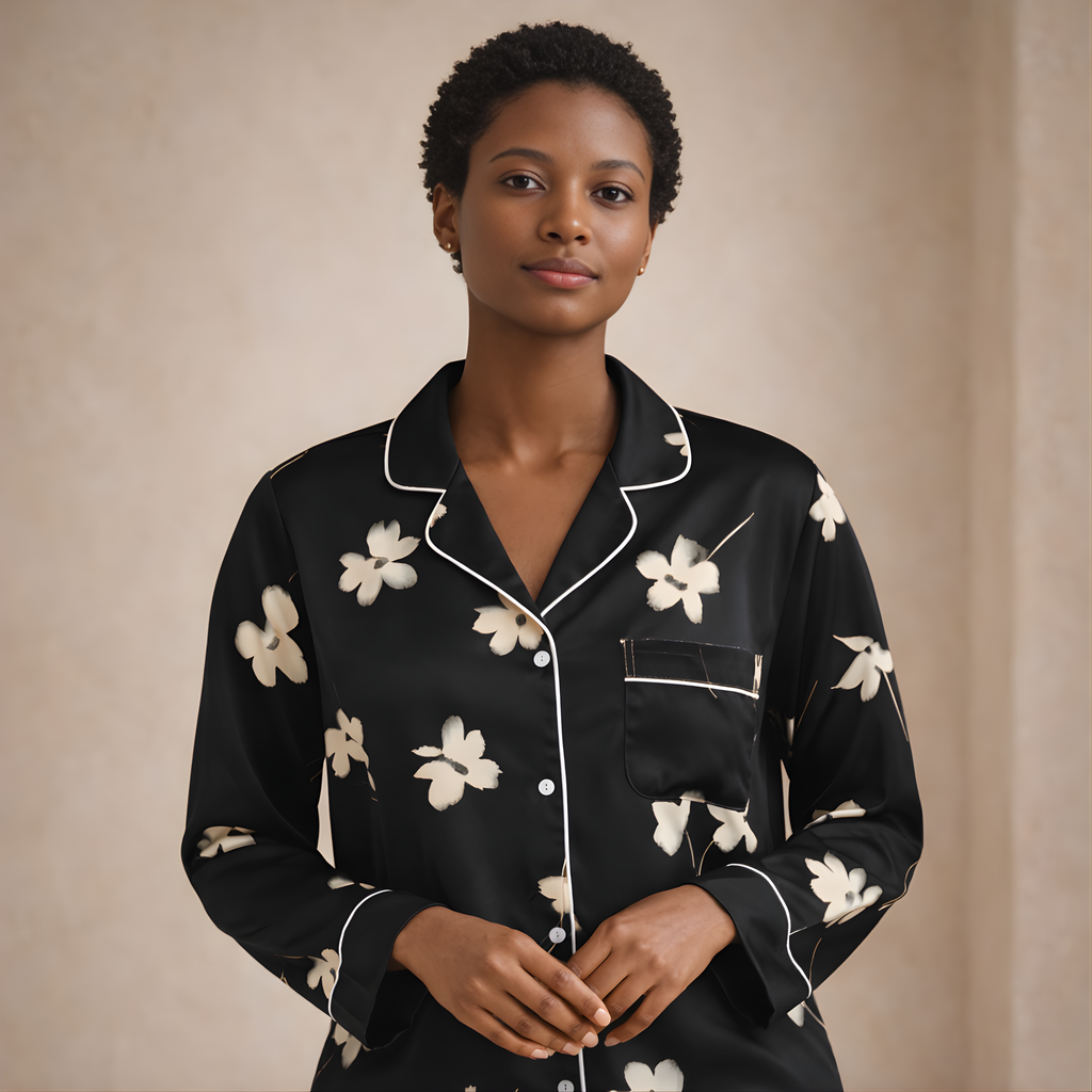 Black Floral Satin Pajama Top