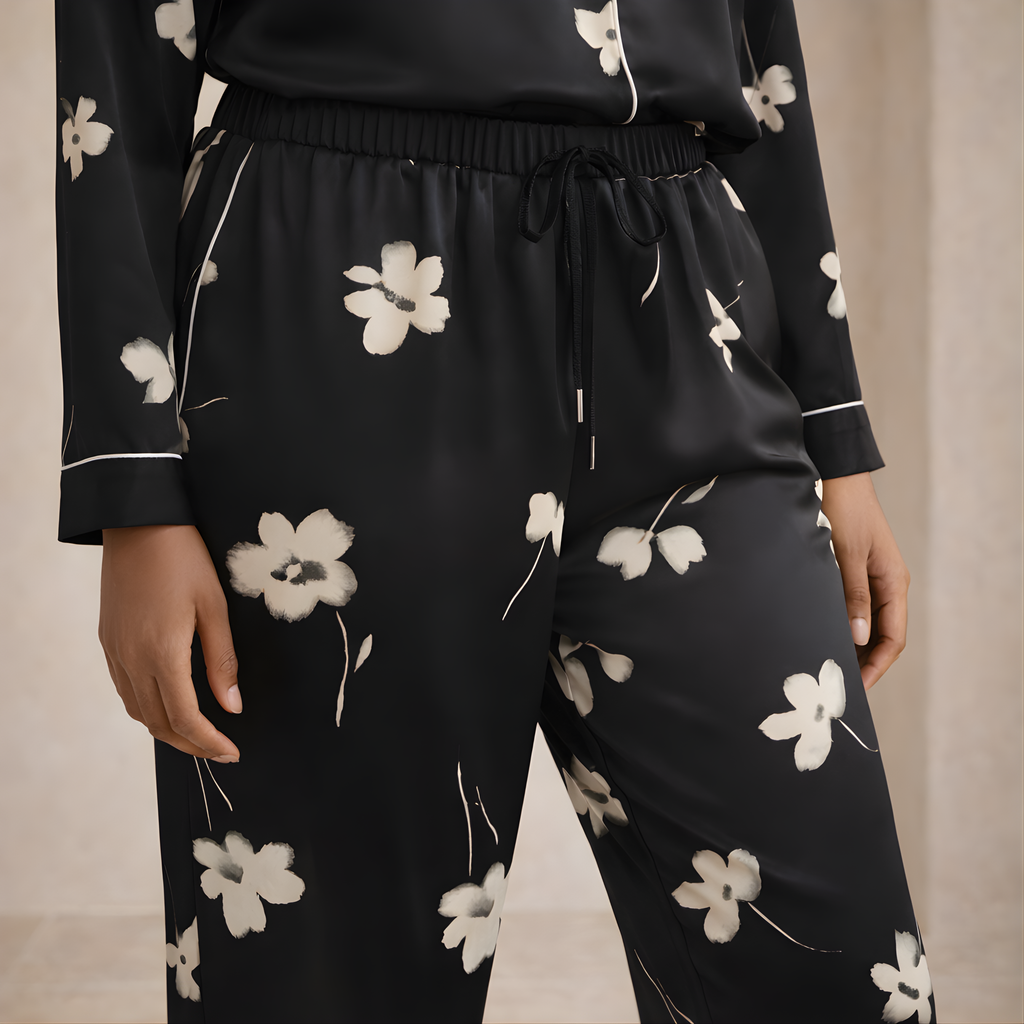 Black Floral Satin Pajama Pants