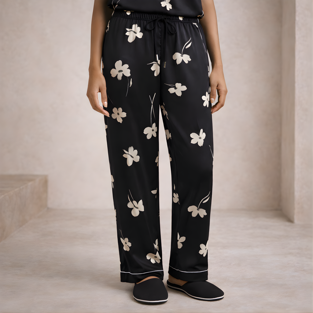 Black Floral Satin Pajama Pants