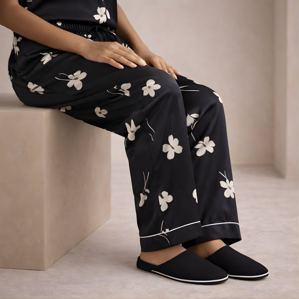 Black Floral Satin Pajama Pants