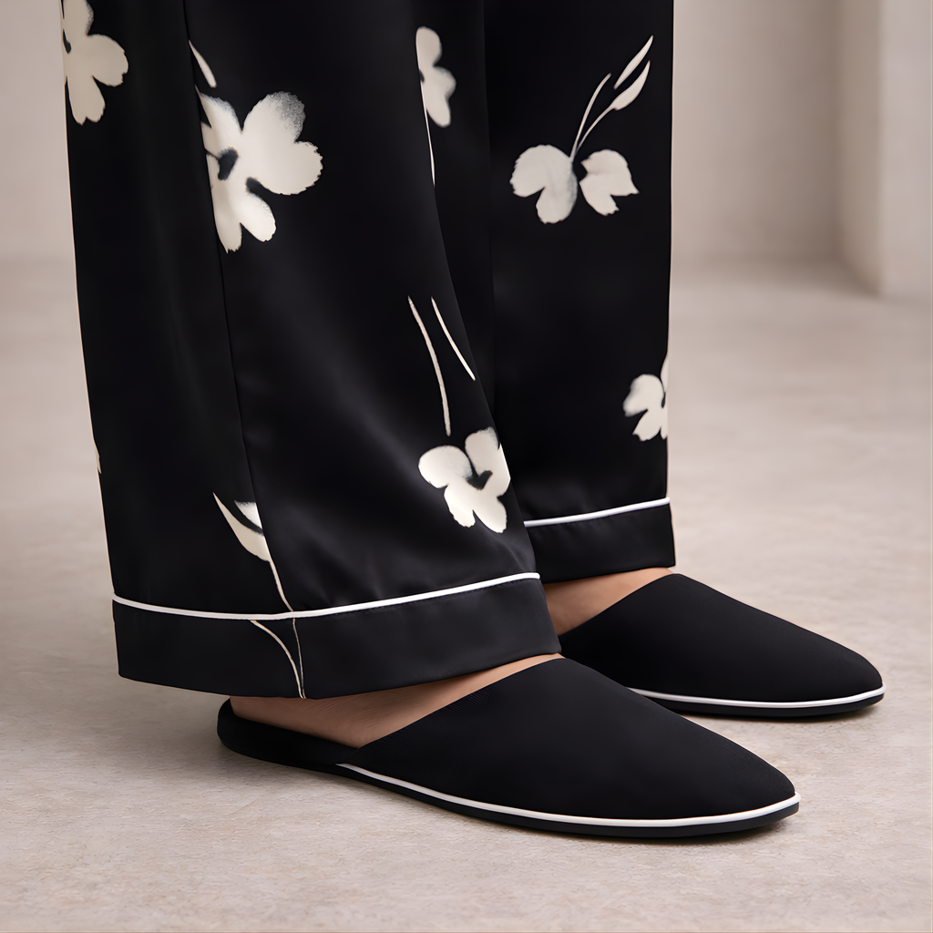 Black Floral Satin Pajama Pants