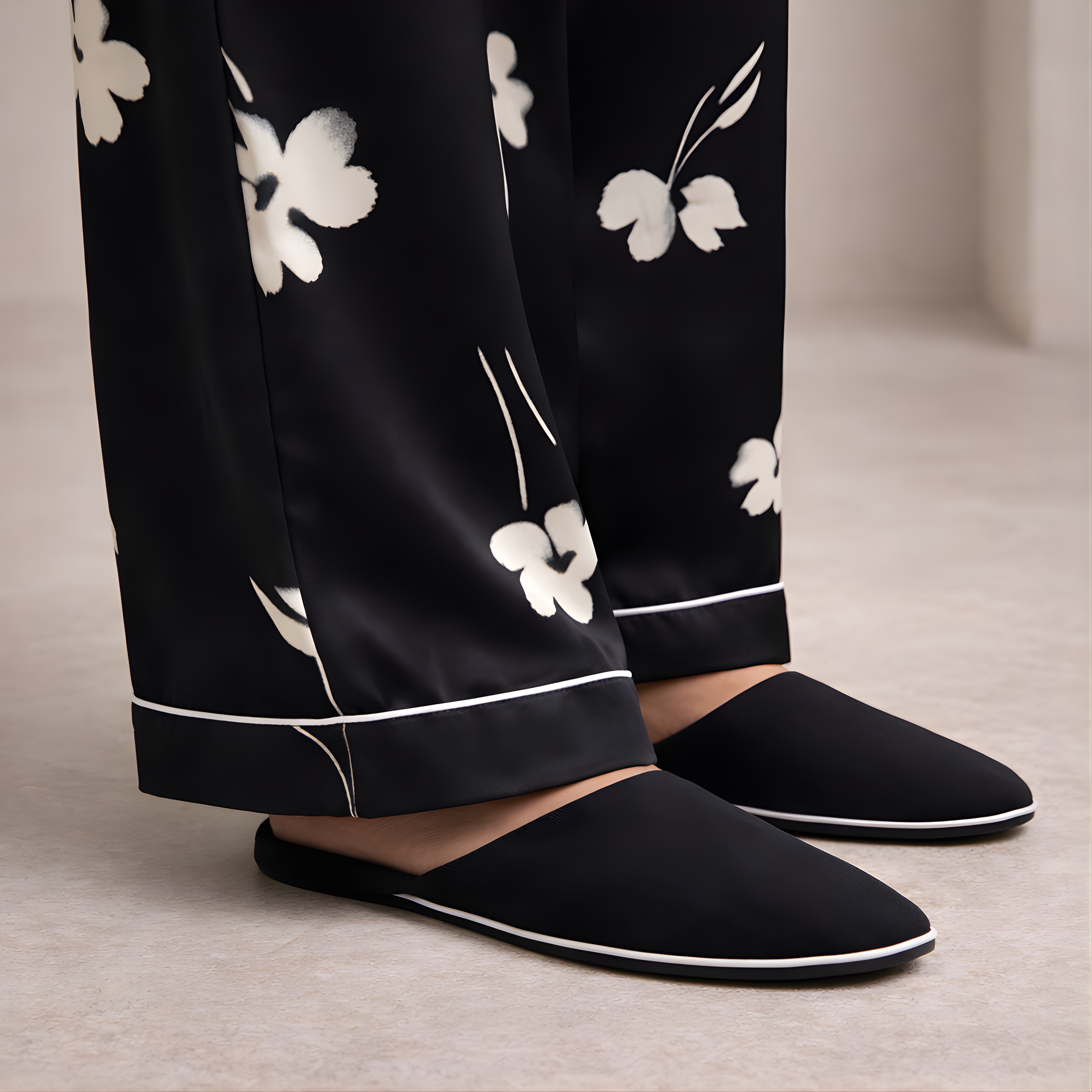 Black Floral Satin Pajama Pants