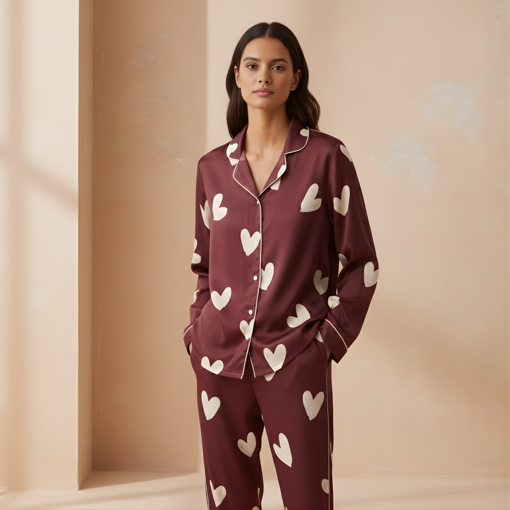 Hearts in Wine Satin Pajama Top