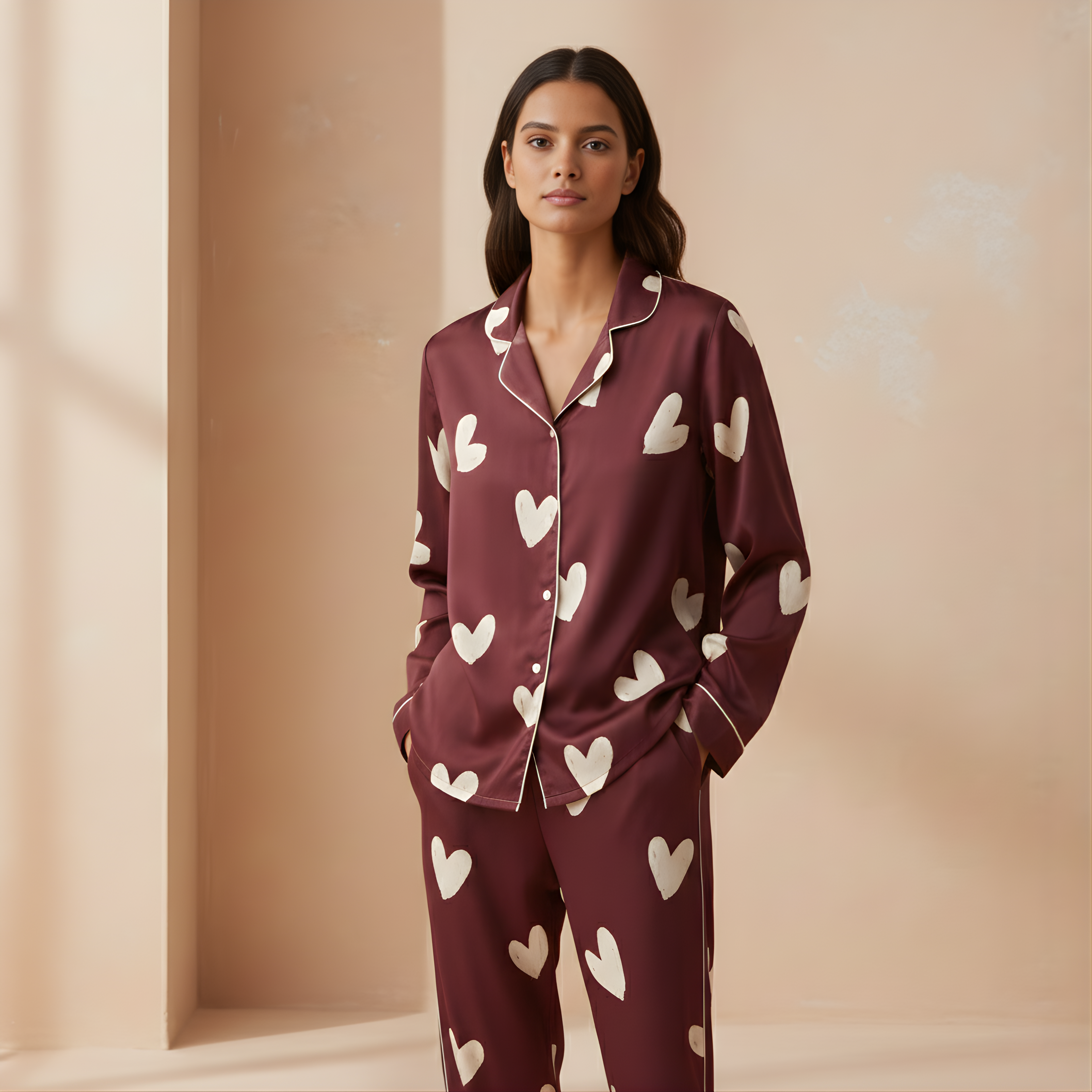 Hearts in Wine Satin Pajama Top