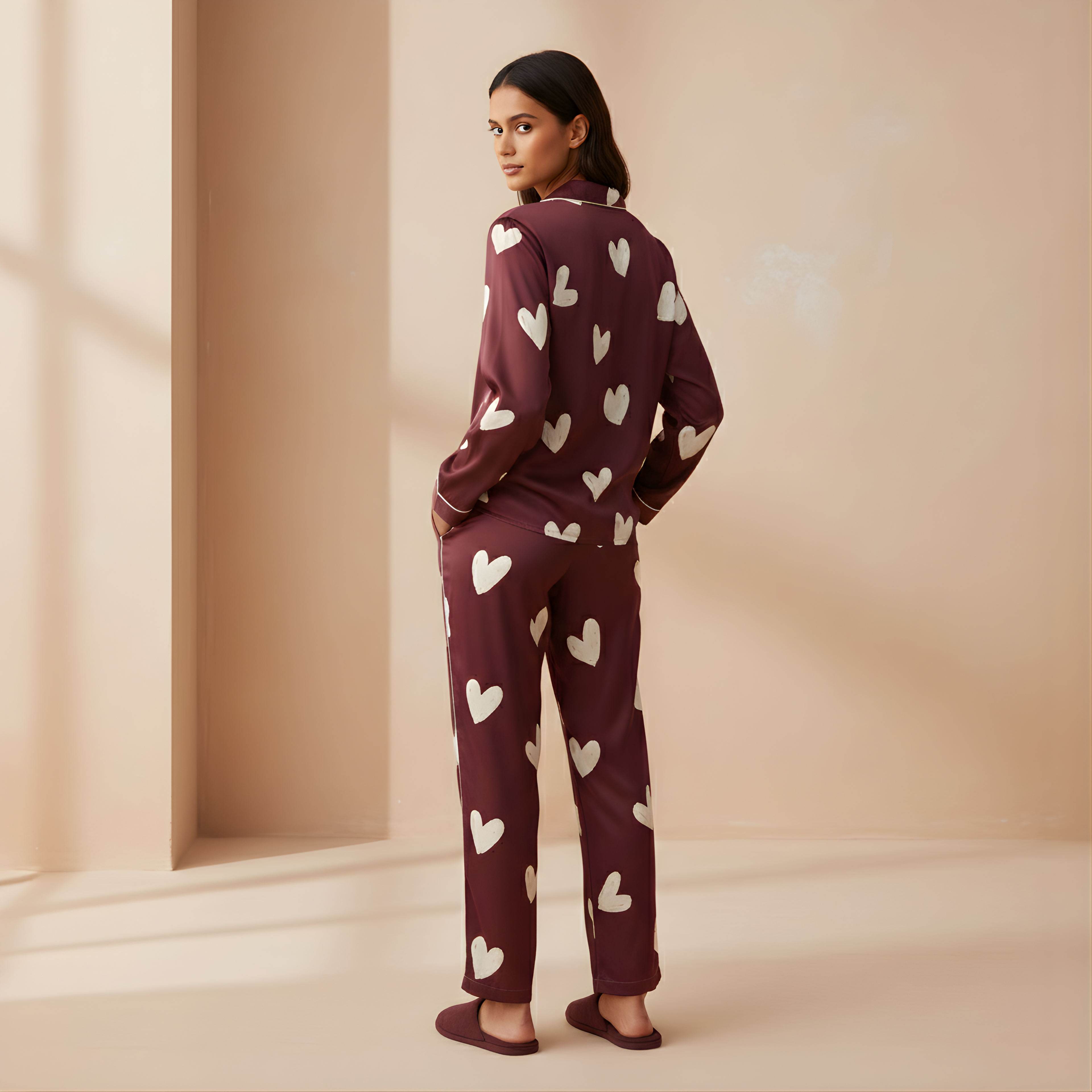 Hearts in Wine Satin Pajama Top