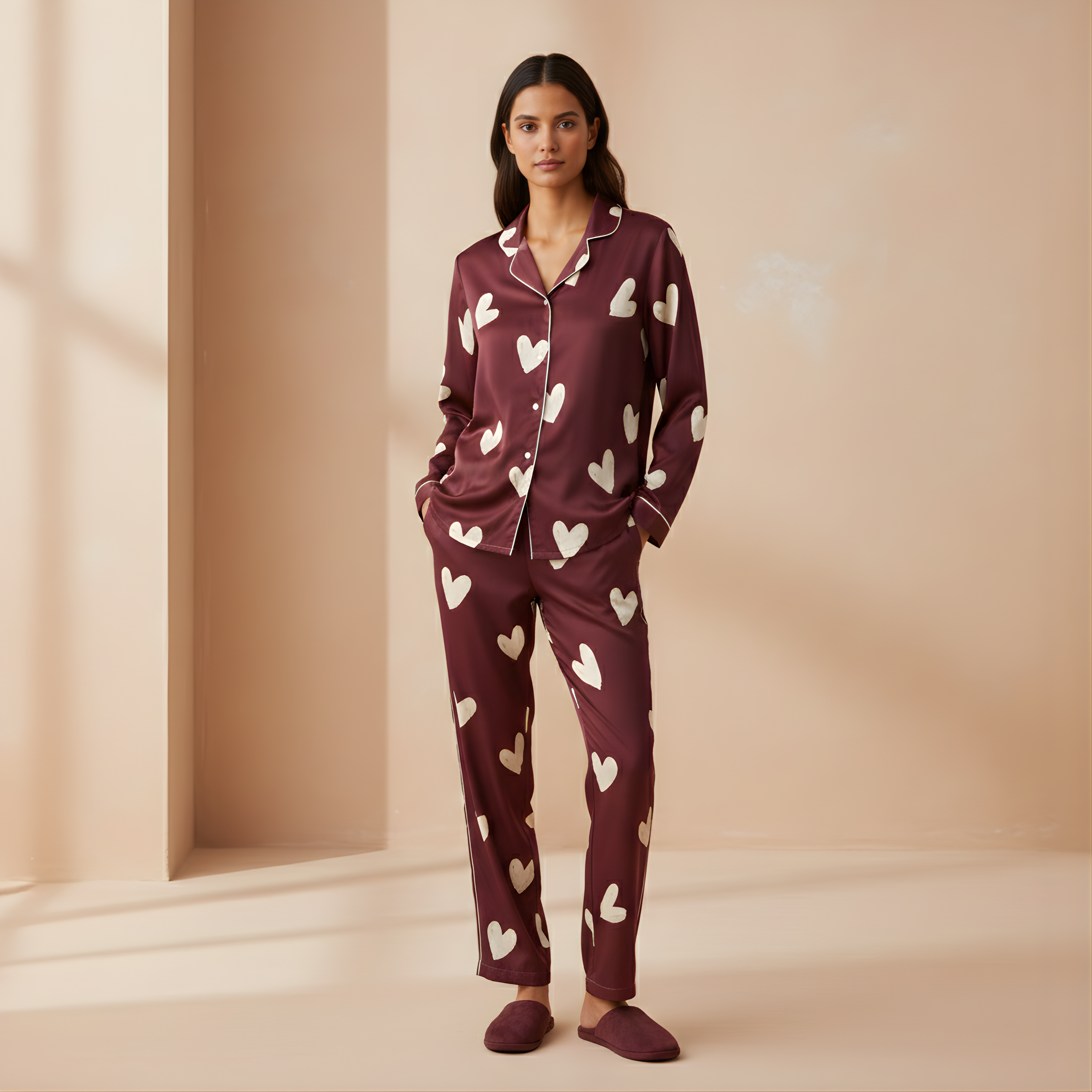 Hearts in Wine Satin Pajama Top
