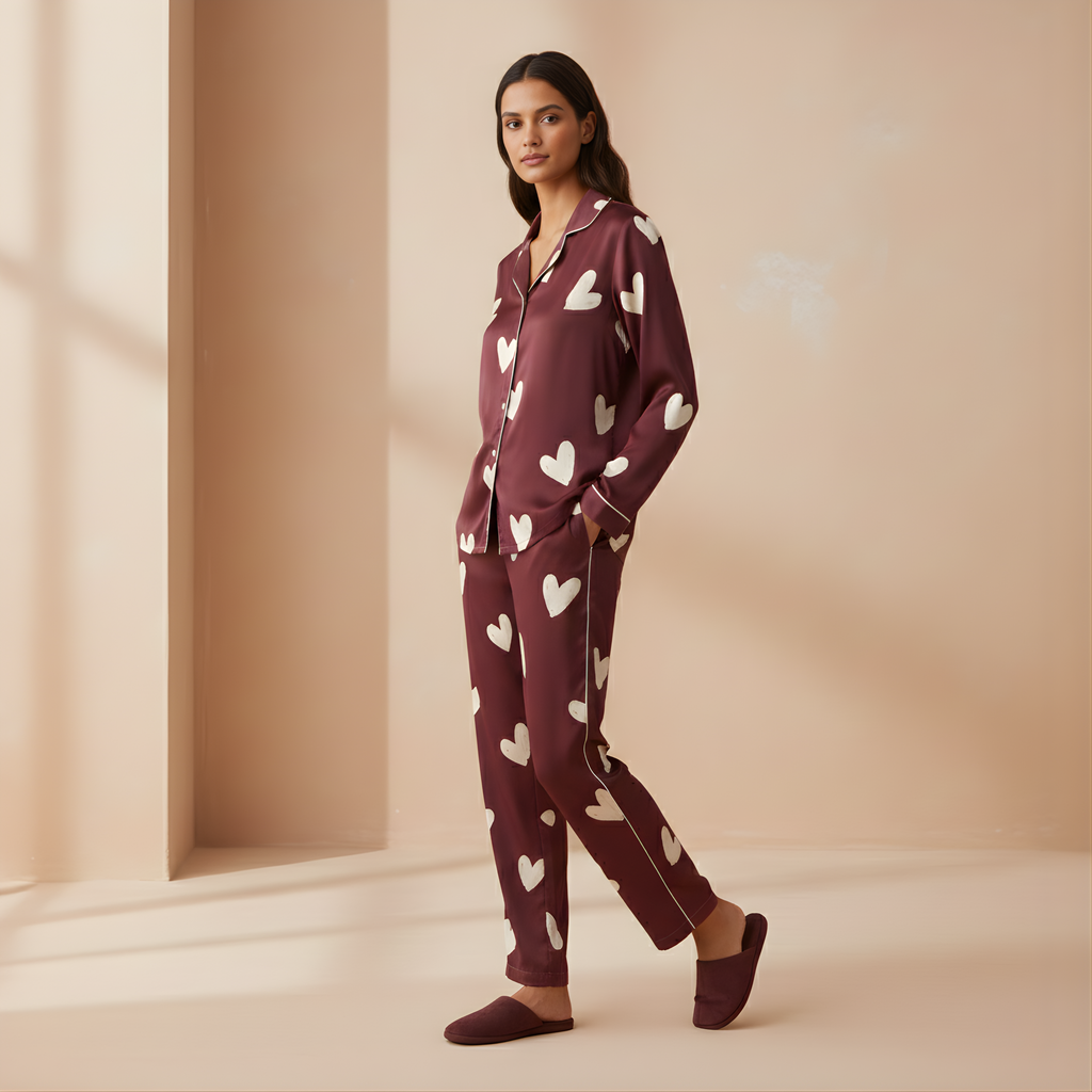 Hearts in Wine Satin Pajama Top