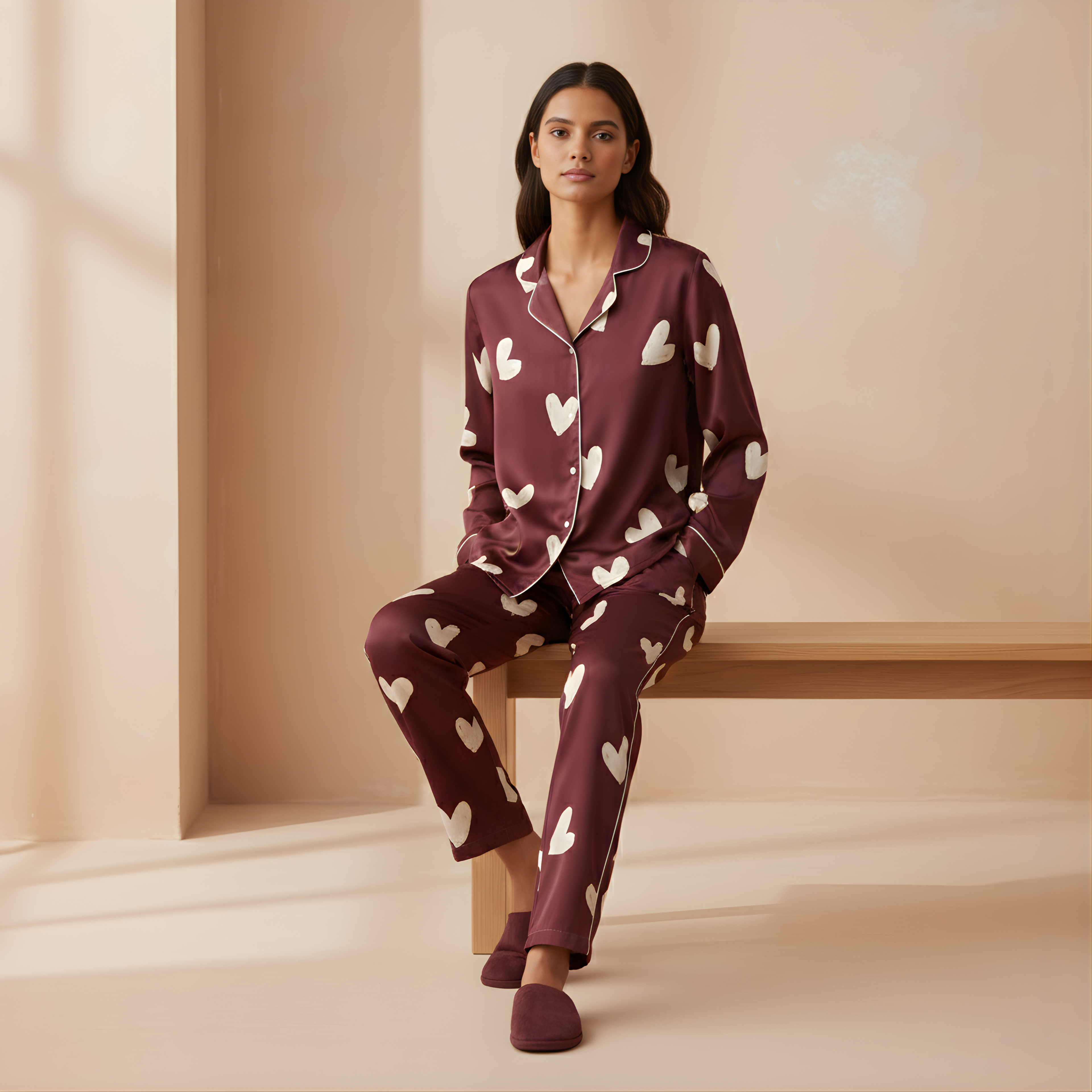 Hearts in Wine Satin Pajama Top