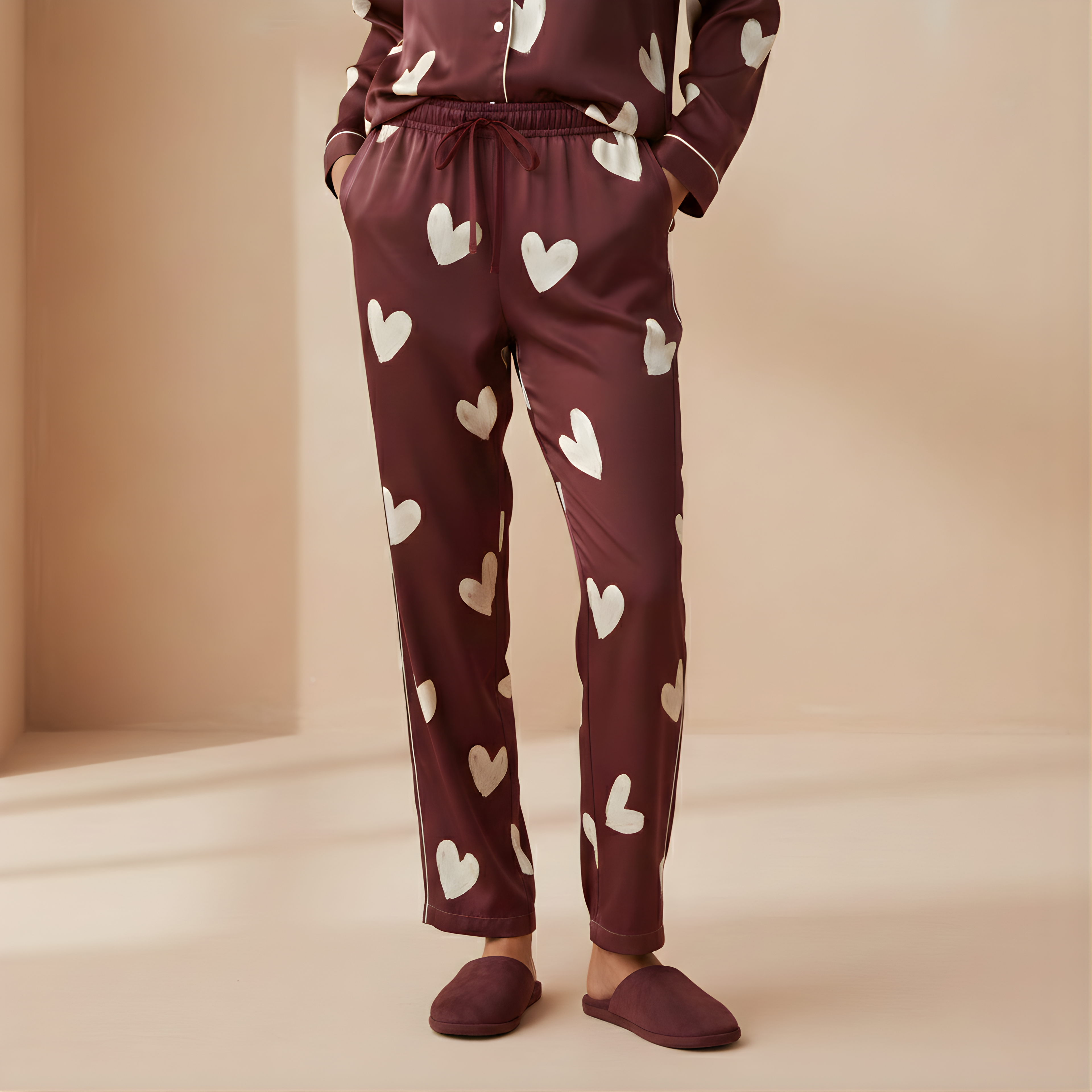 Hearts in Wine Satin Pajama Pants
