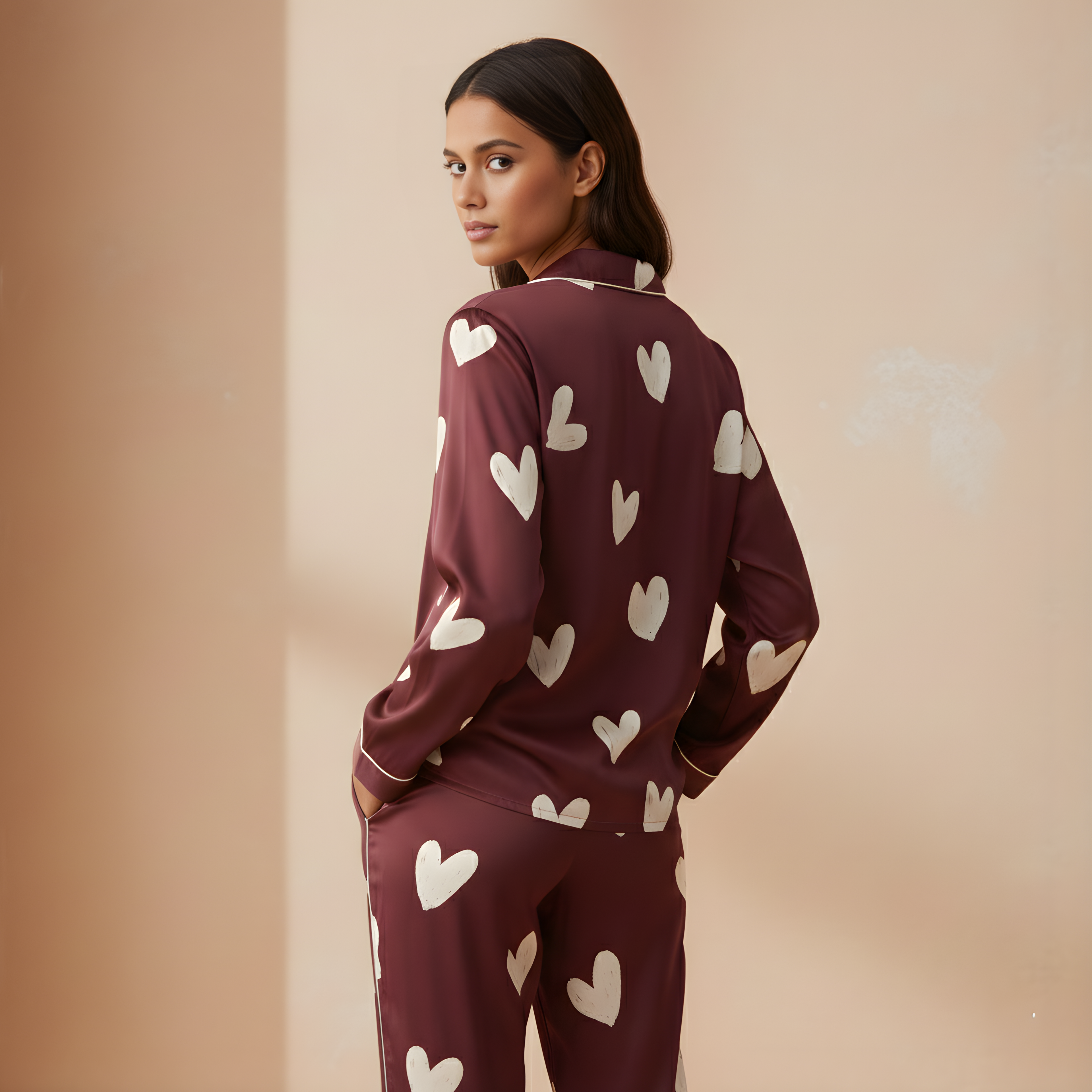 Hearts in Wine Satin Pajama Top