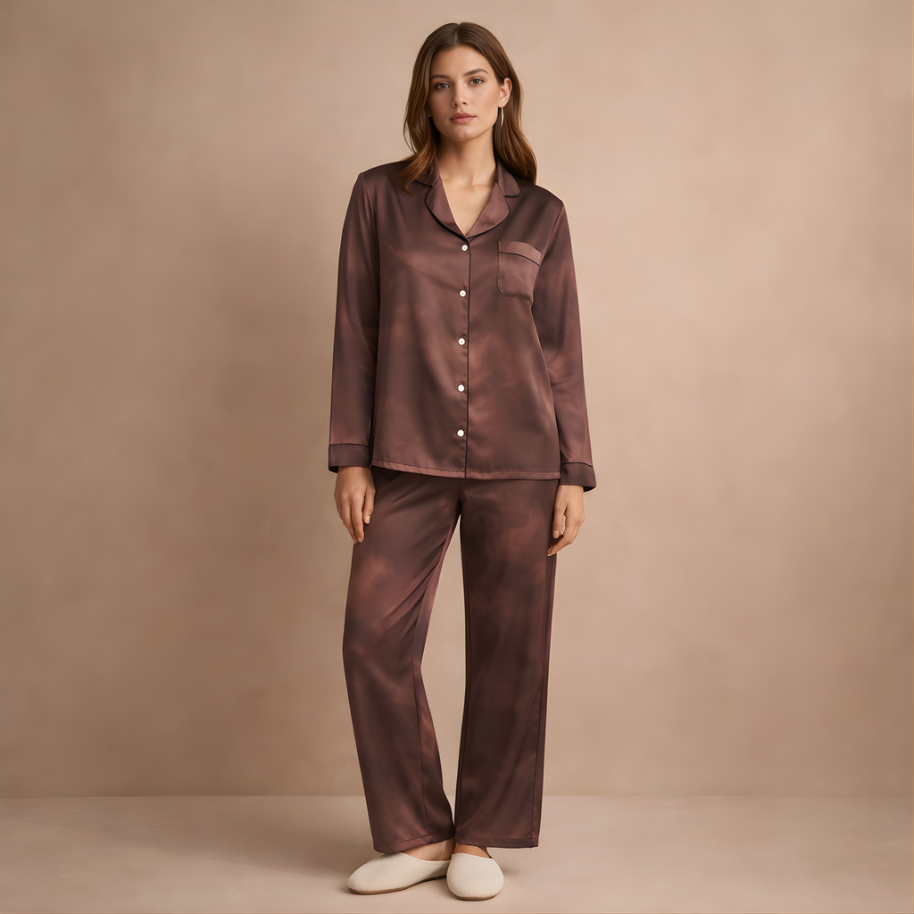 Wind Down Cloud-Wash Satin Pajama Top — Mocha