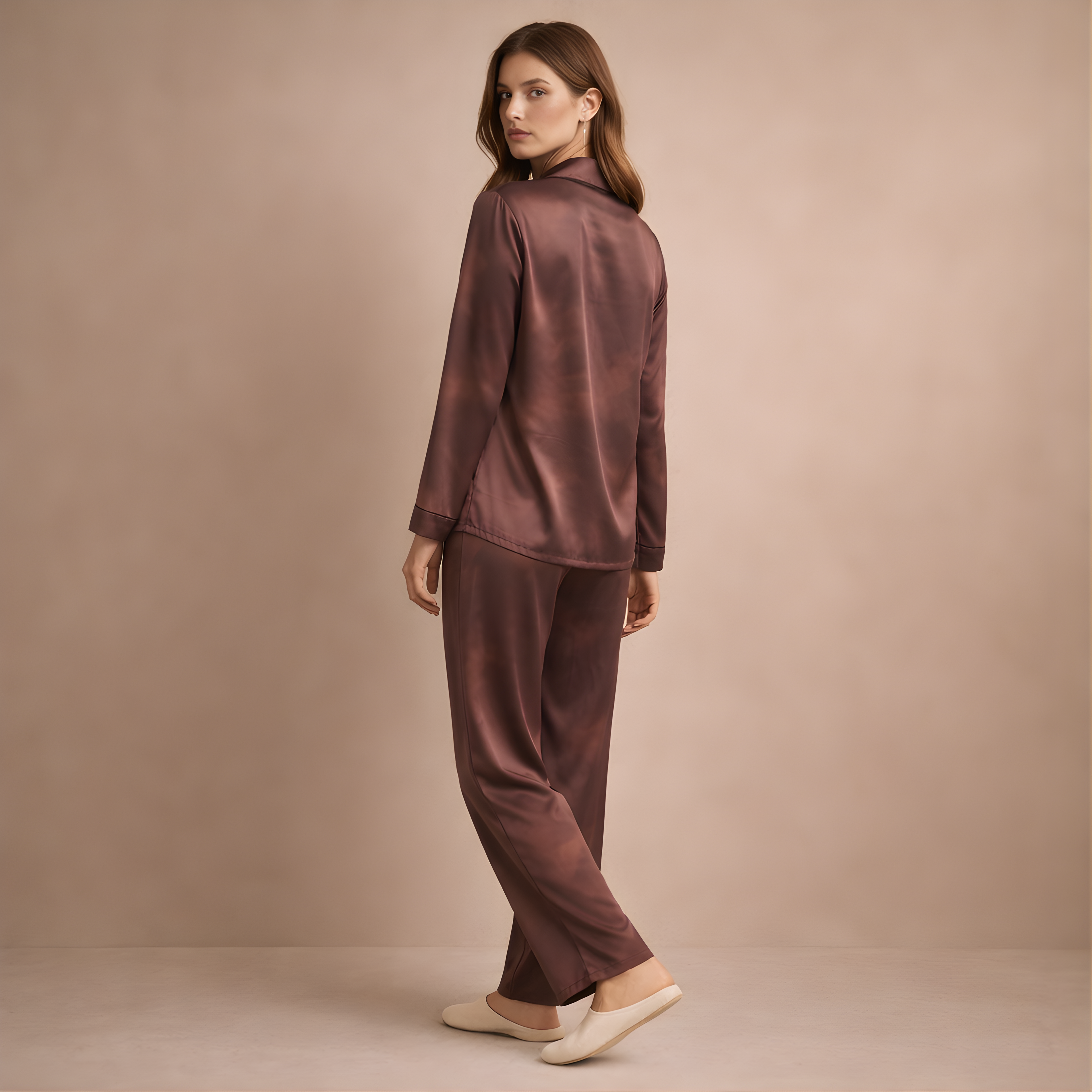 Wind Down Cloud-Wash Satin Pajama Top — Mocha