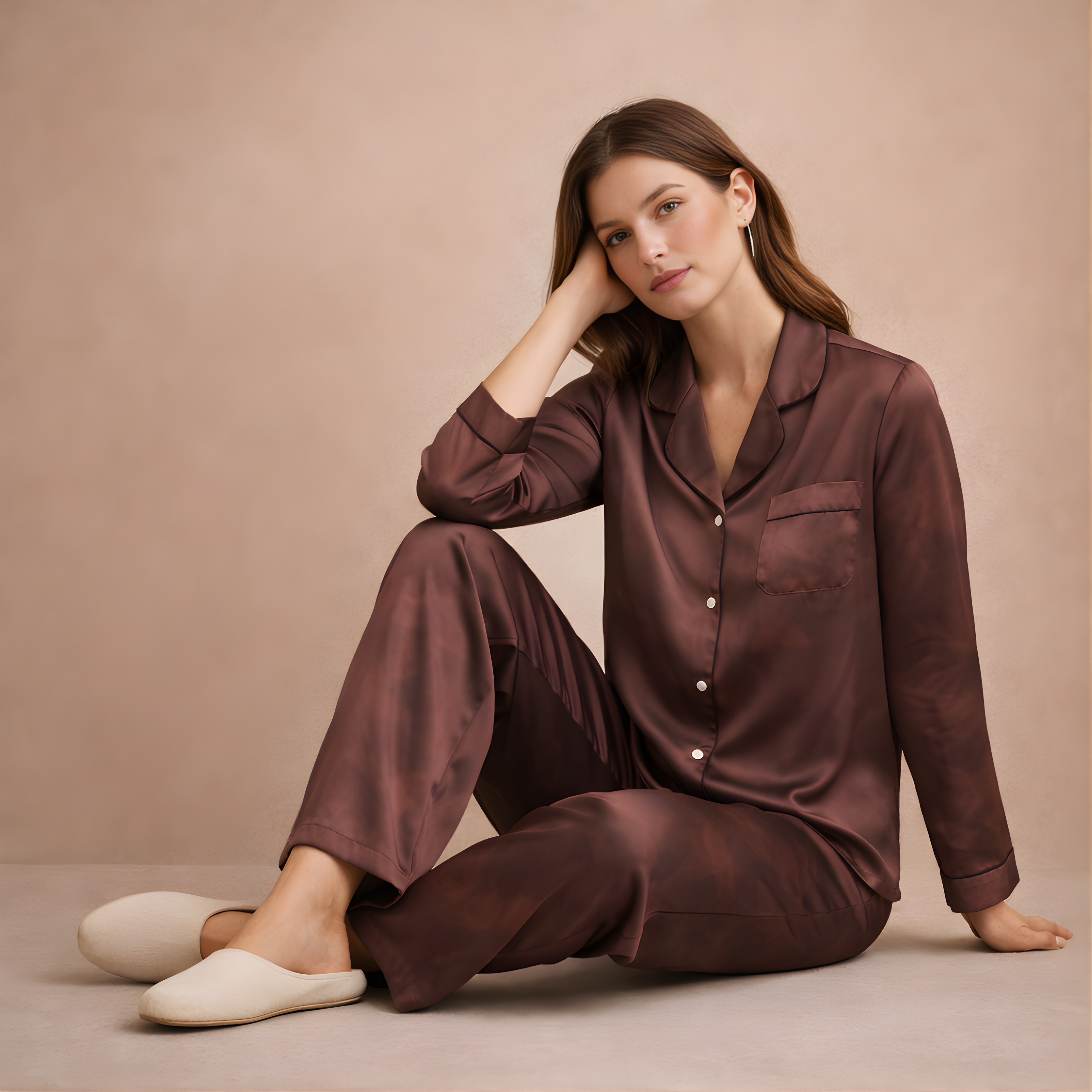 Wind Down Cloud-Wash Satin Pajama Top — Mocha