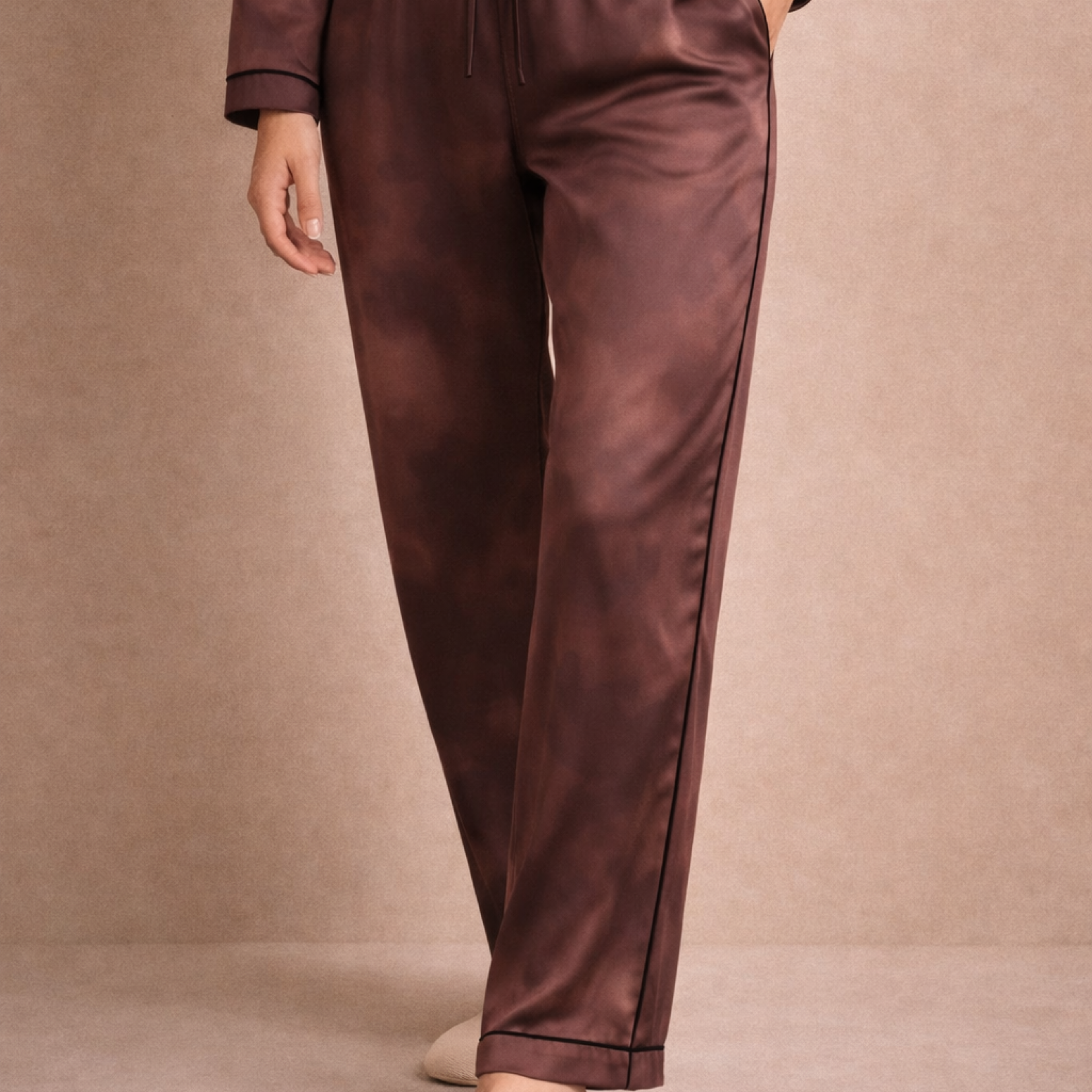 Wind Down Cloud-Wash Satin Pajama Pants — Mocha