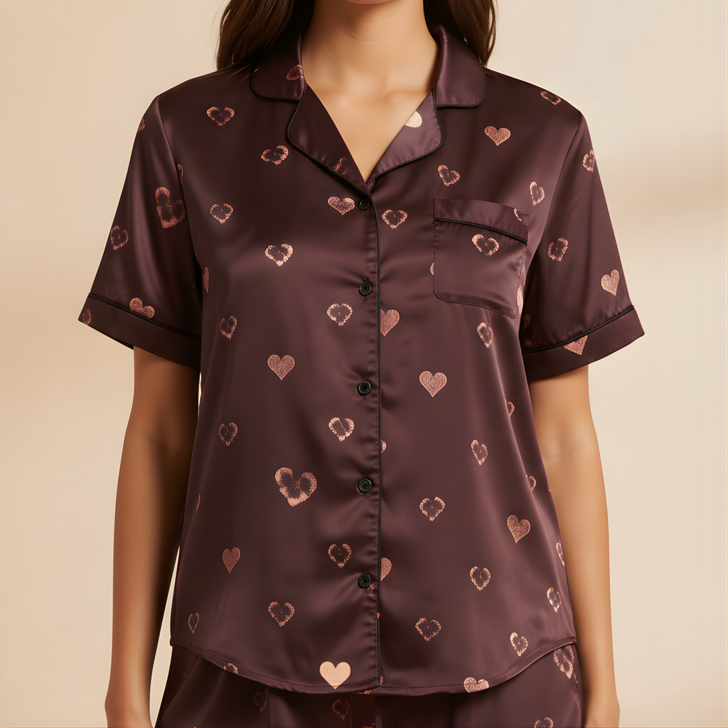 Rose-Heart Satin Pajama Top