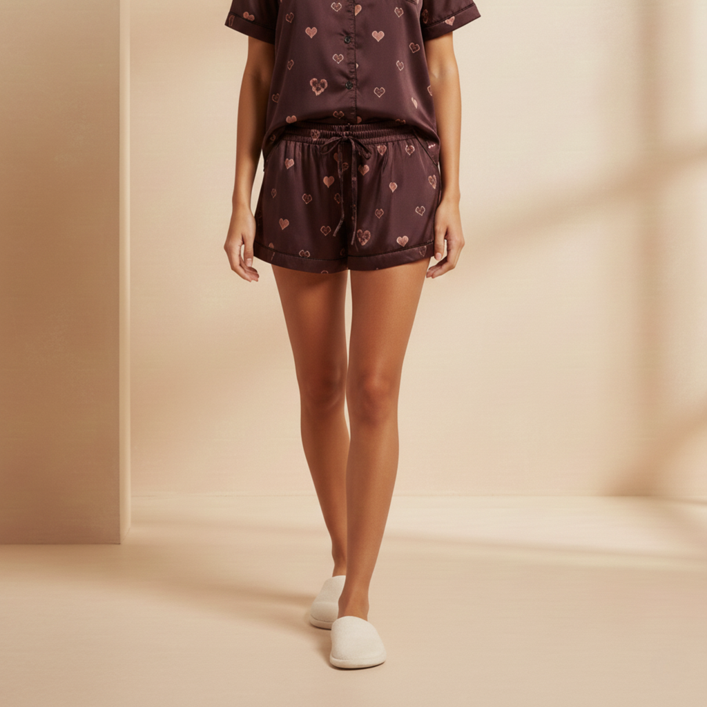 Rose-Heart Satin Pajama Shorts