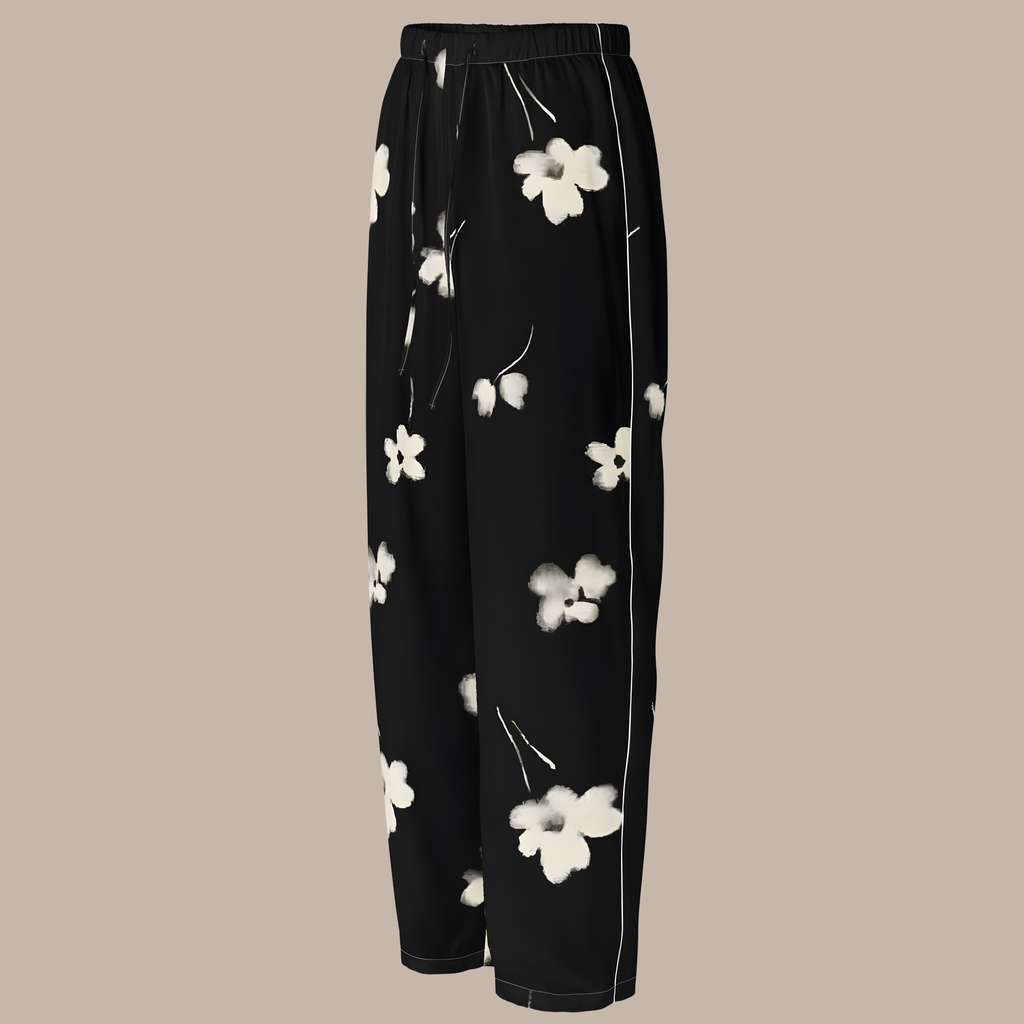 Black Floral Satin Pajama Pants