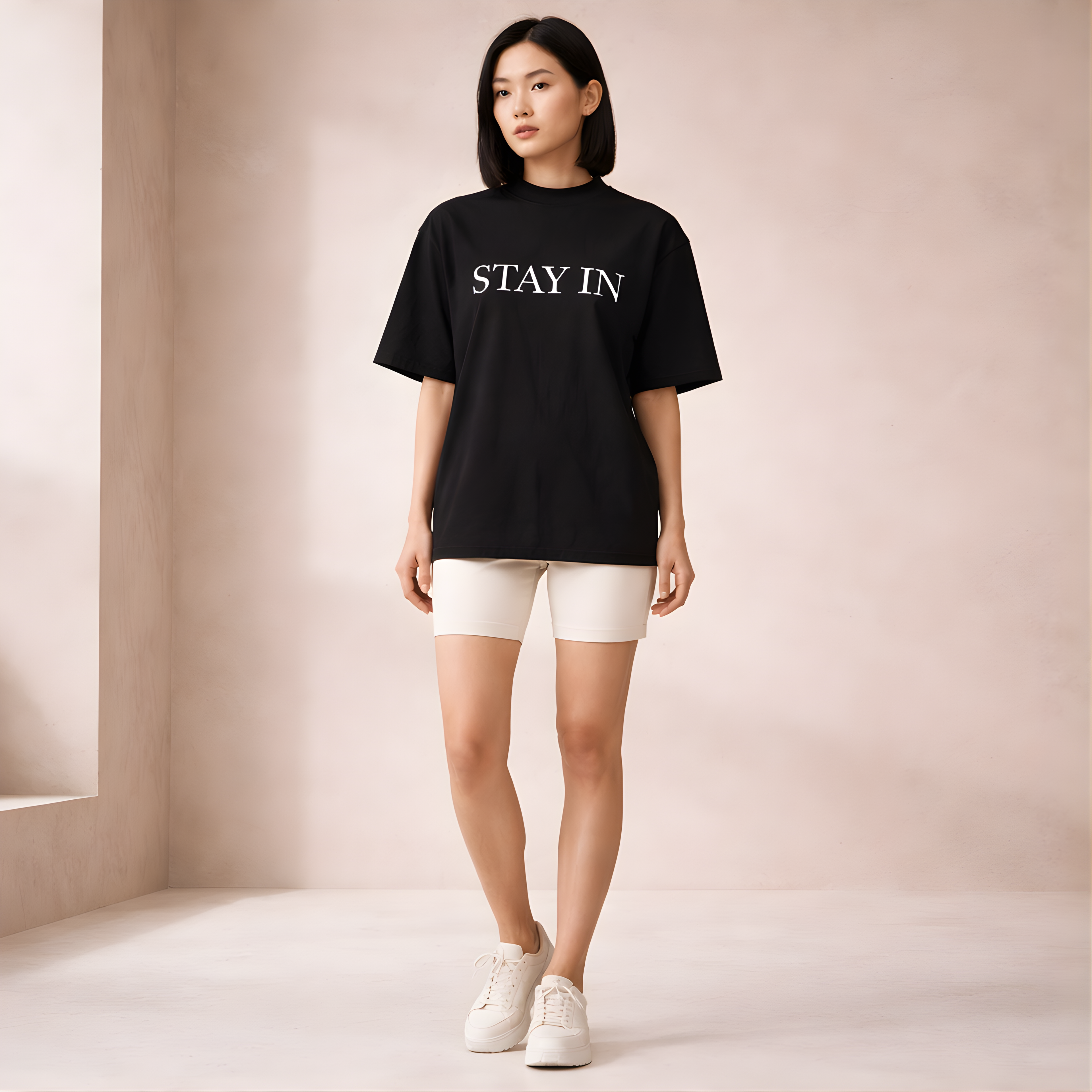 Stay In Oversized High-Neck Tee — Black
