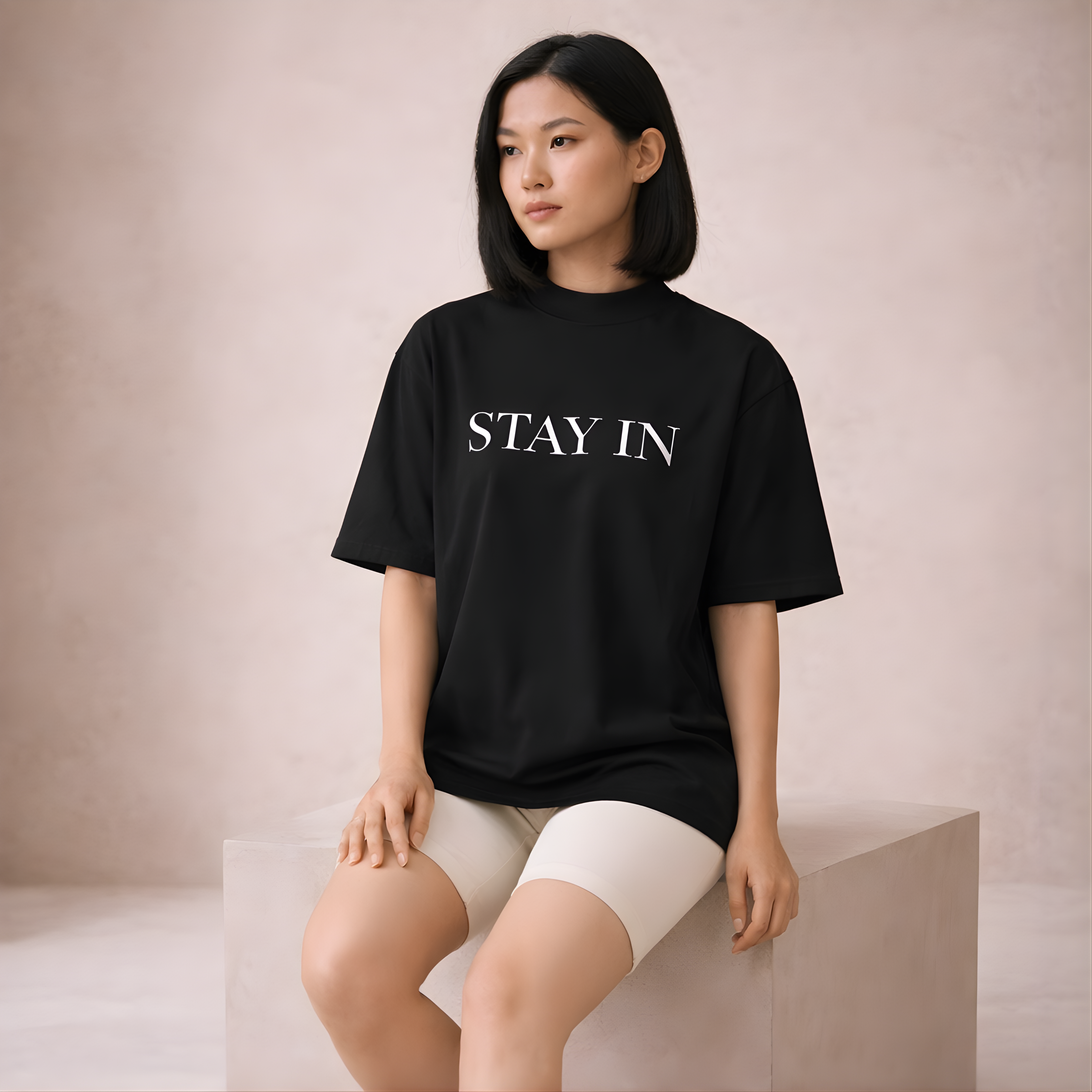 Stay In Oversized High-Neck Tee — Black