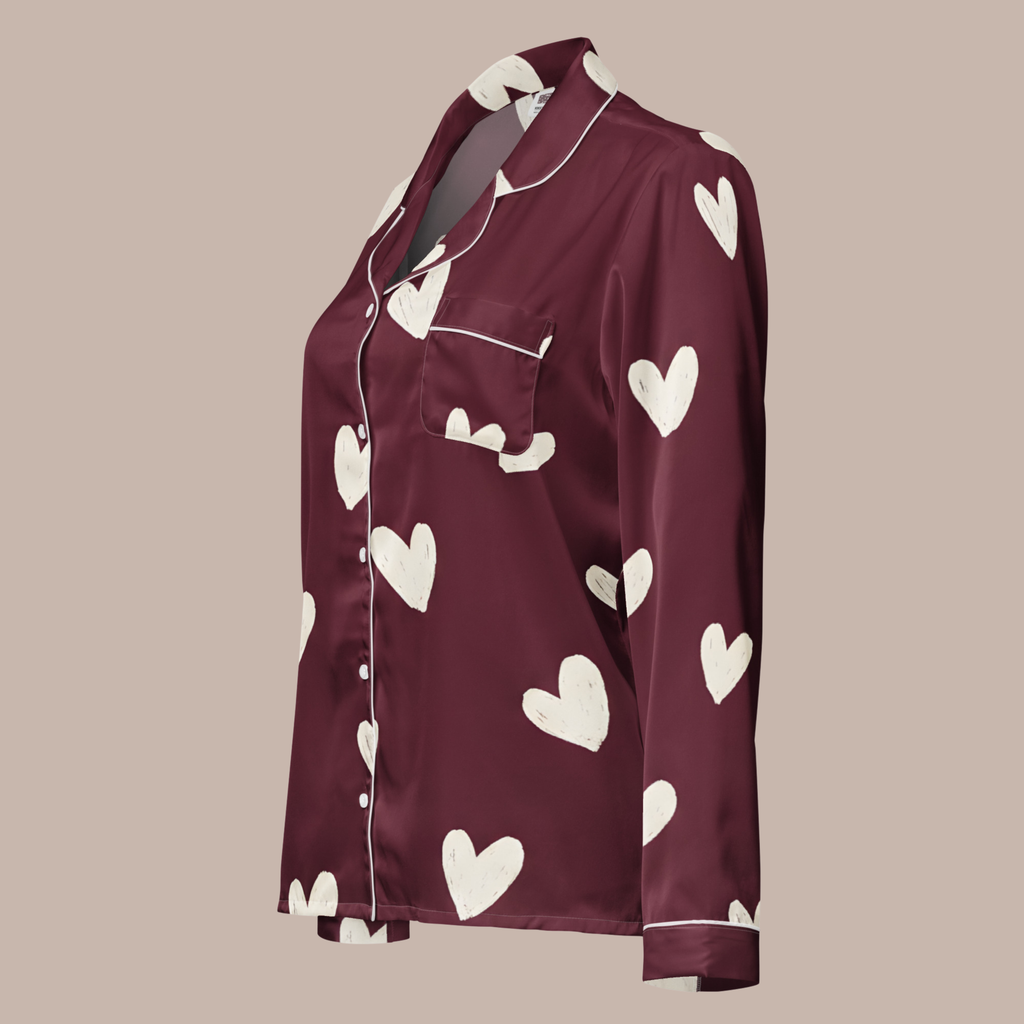Hearts in Wine Satin Pajama Top