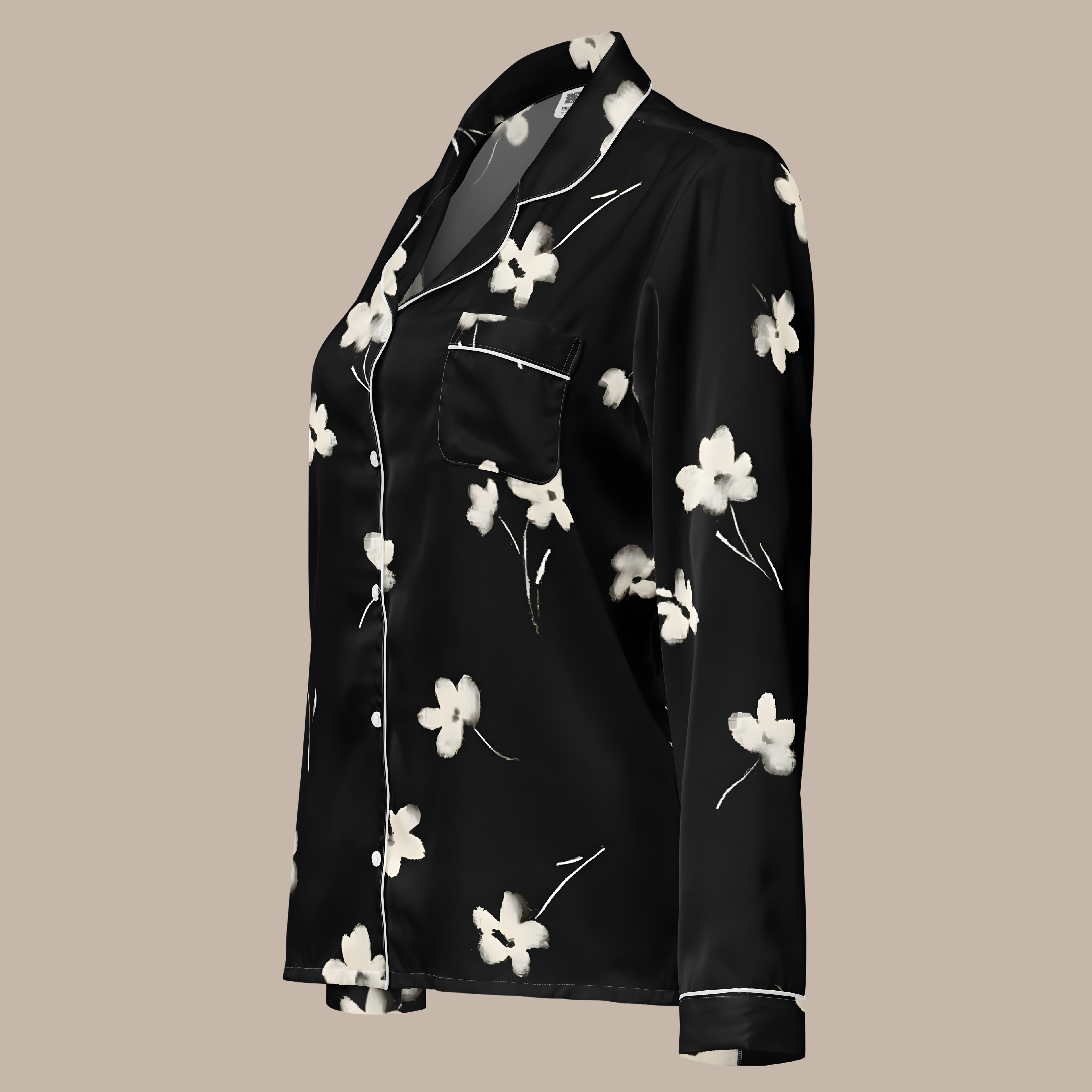 Black Floral Satin Pajama Top